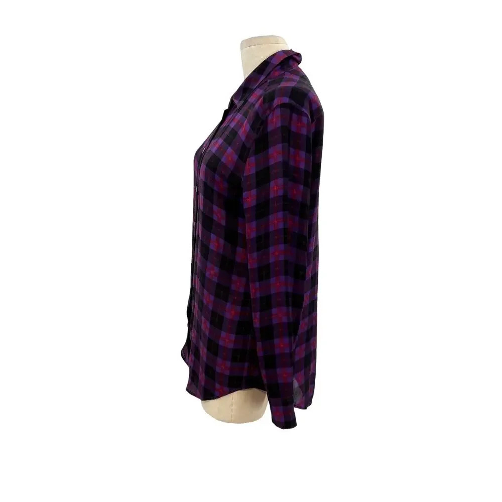 Equipment Purple Black Red‎ Plaid Check Collared Button Down Silk Blouse Small - Picture 5 of 11